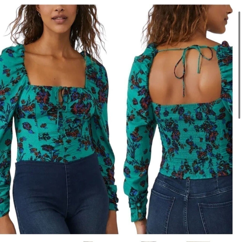 NWT Free People Hilary Green Combo Floral
Smocked Peasant Top Size Small